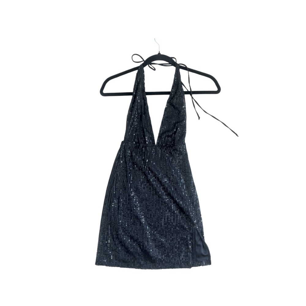 Motel Rocks “Berno bodycon dress in drape sequin black” backless mini dress